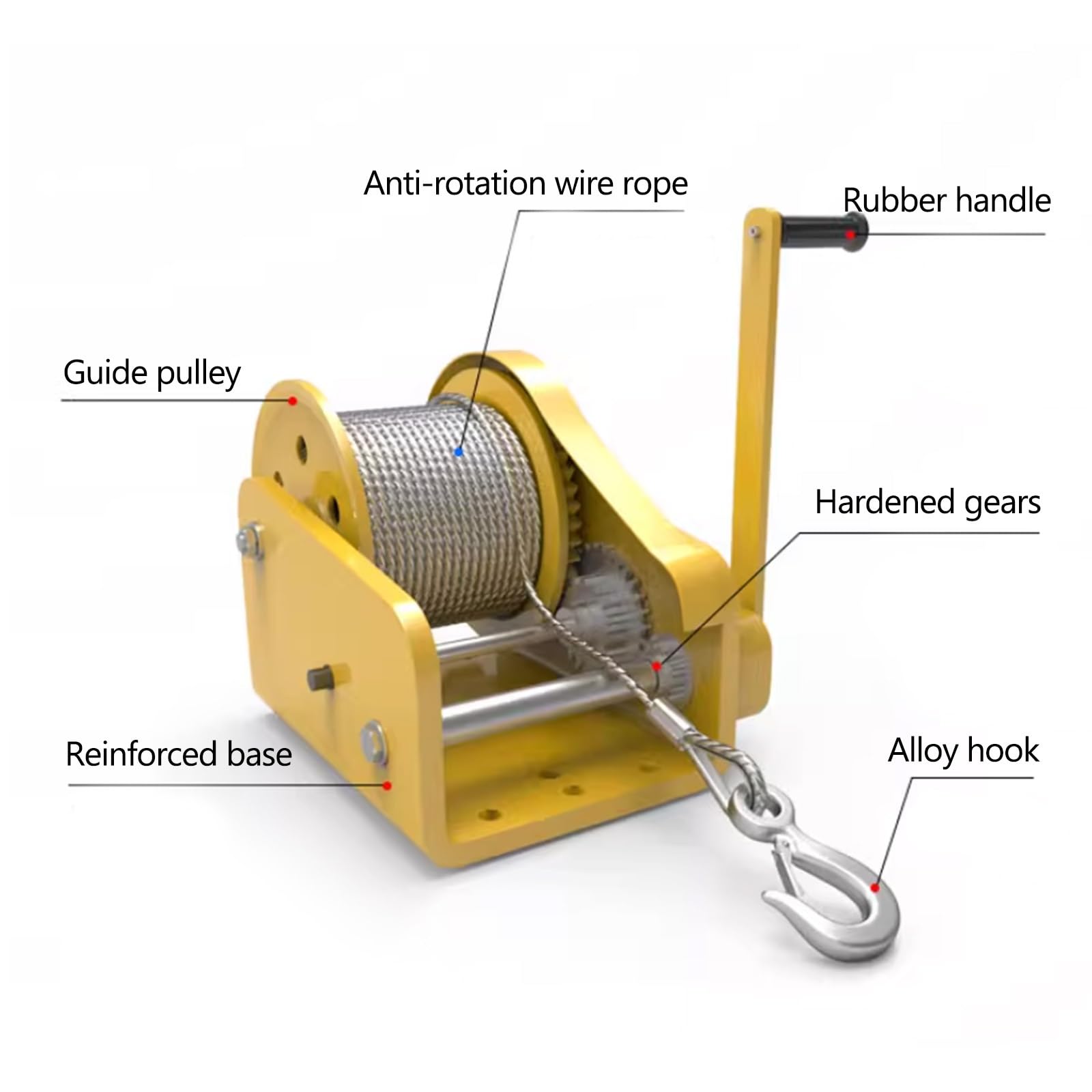 Genérico Cabrestante Manual con manivela de Capacidad de 800 kg (1800 LB), Mecanismo de trinquete bidireccional, Incluye Cable de Acero y Gancho de Acero Inoxidable, Color Amarillo (cabrest