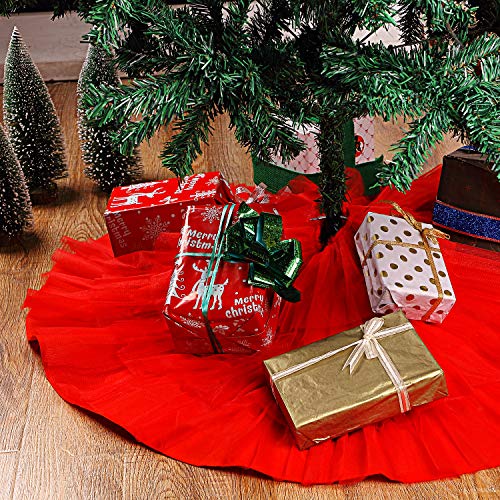 Tatuo Christmas Tree Skirt Wedding Ruffle 4 Layer Tulle Round Fluffy Sparkly Skirt Tree Mat Ornament for Christmas Holiday Decoration(40 Inches,Red)