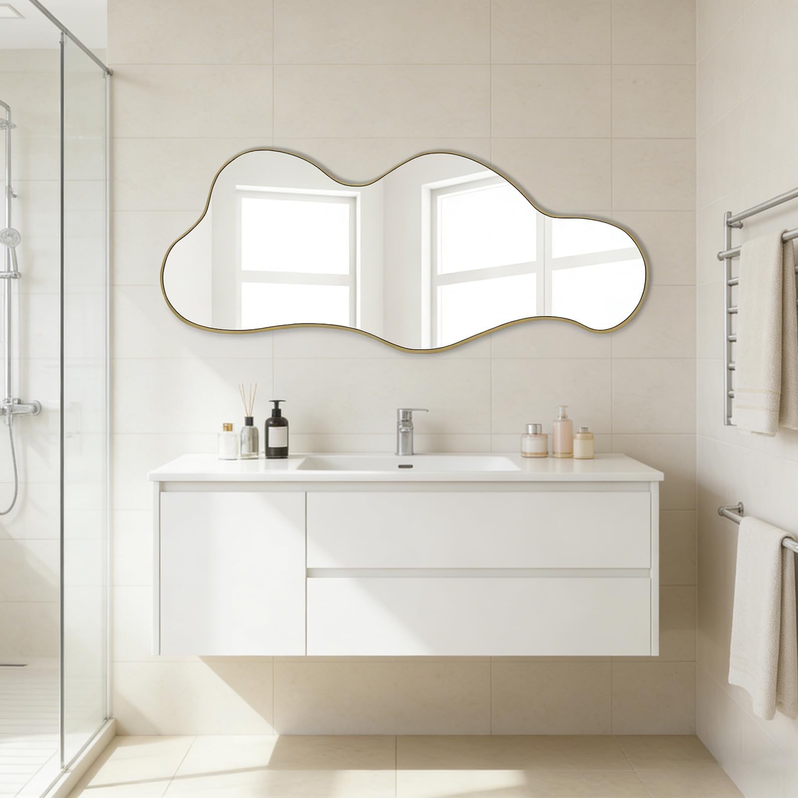 Irregular Wall Mirror, 39.3"x16" Asymmetrical Mirrors, Cloud Shaped Mirror, Gold Modern Abstract Frameless Mirrors for Bathroom Living Room Bedroom Entryway Hallway