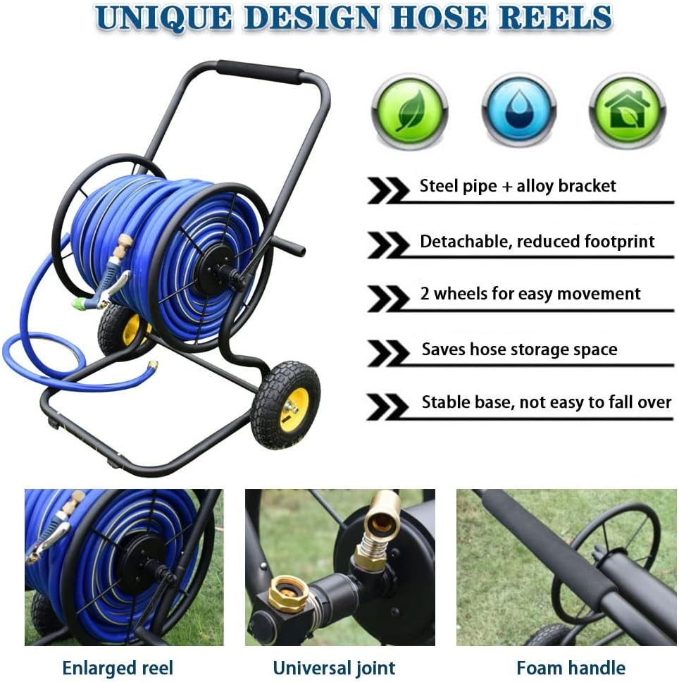 Hose Reel Cart Water Hose Cart with Wheels Heavy Duty Outdoor Hose Cart, Garden Hose Reel with Rollers, Hand-Push Water Pipe Storage Holder, Lawn Tools (Color : Black-DN15, Size : Hose Cart+50m Pipe