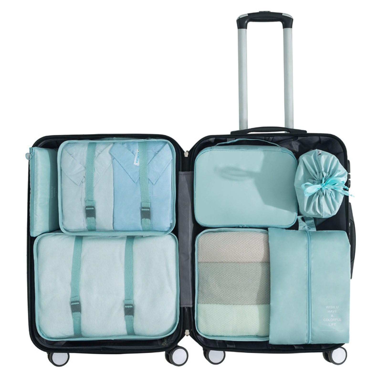 Organizzatori dei Bagagli, 8 Borse da Imballaggio Set, Set di Sacchetti, Organizzatore di Valigie a Prova di Acqua con Borsa per la Biancheria Intima di Scarpe per le Vacanze di (Lake Blue)