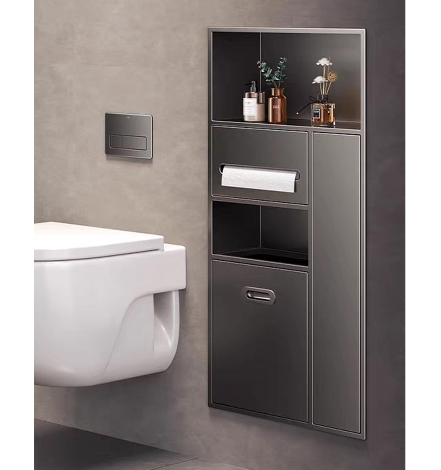 Porta carta igienica da parete con pattumiera integrata, in acciaio inox 304, design salvaspazio per doccia, senza piastrelle, 400 x 670 mm, elegante finitura nera
