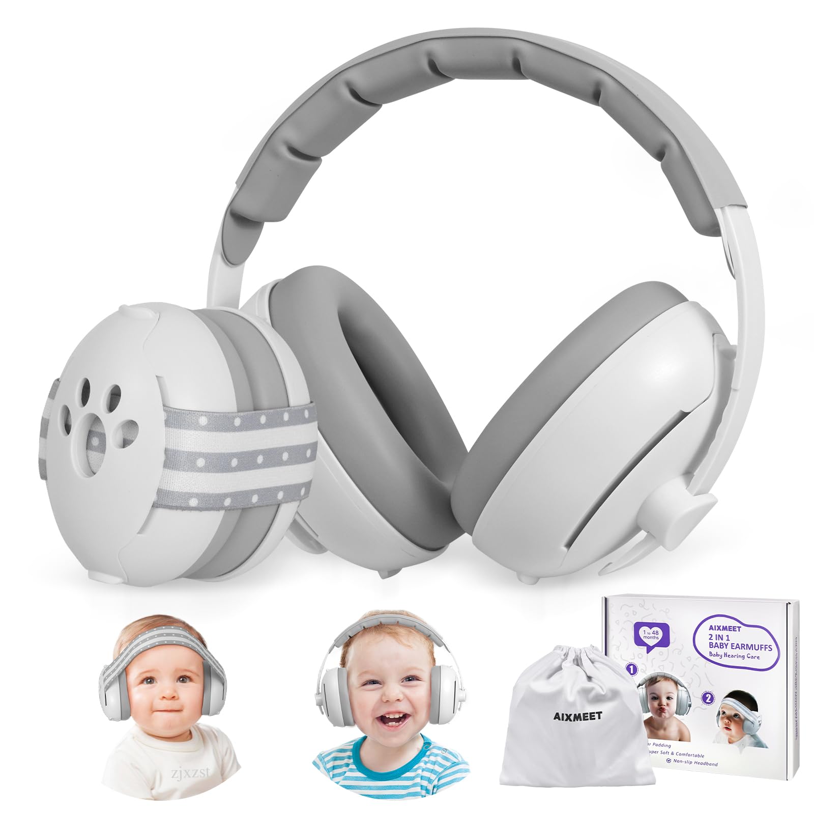 AIXMEET Casque Anti Bruit Bébé,2 en 1 Casque Anti Bruit pour Bébé & Enfant, Protection auditive pour les enfants de 3 à 48 mois,Réglable et Confortable,pour la Vie&les Fêtes (Blanc)