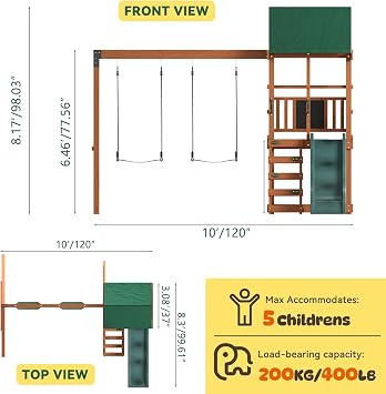 Wooden Swing Sets for Backyard, Outdoor Playset,Green | Playground Sets with 6 FT Wave Slide, Play Deck, Rock Wall Ladder, 2 Belt Swings, Chalkboard, Canopy Roof