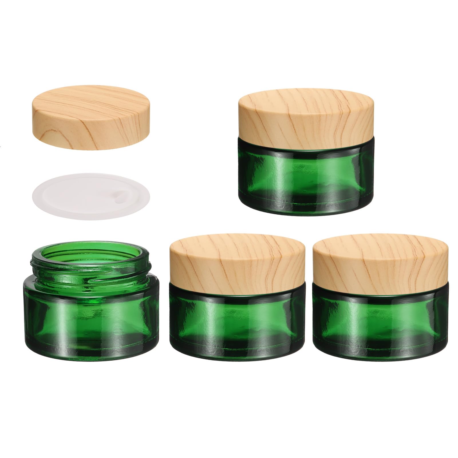 Muiltvoe 1 Set Round Glass Jars with Wood Lids, 1.8oz/50g Refillable Cosmetic Containers Glass Makeup Containers for Sample, Cream, Lotion, Powder Brown