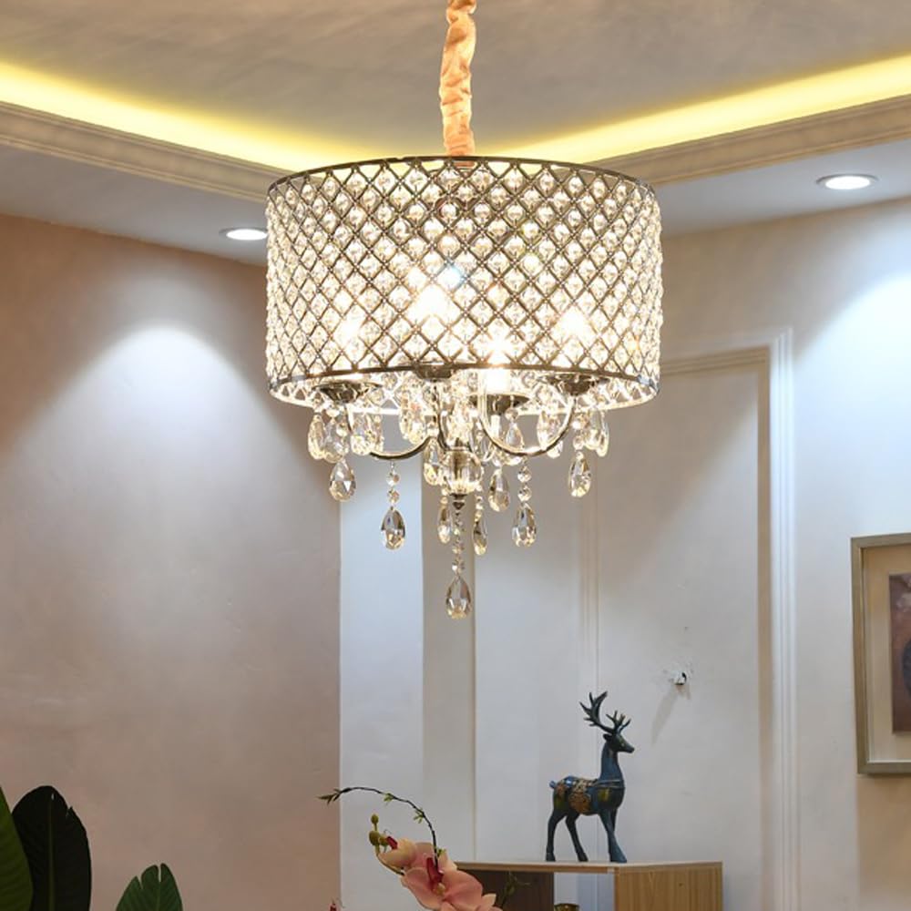 Lustre En Cristal Minimaliste Européen À 3 Lumières E14/E12, Abat-Jour Cylindrique, Éclairage Suspendu, Abat-Jour En Cristal Chromé de 9,8 Pouces de Diamètre, Plafonnier Suspendu Pour Îlot de C