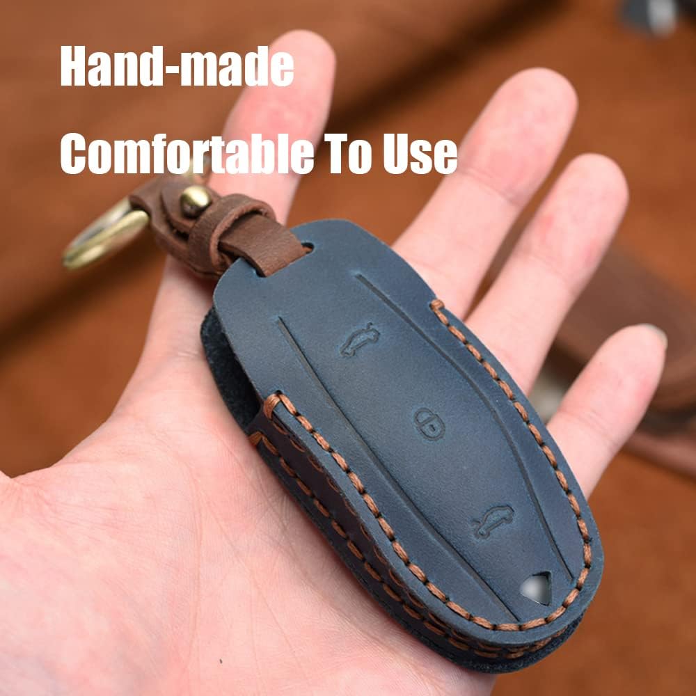 HIBEYO New Luxury Genuine Leather Car Key Fob Case Cover fit for Tesla Model X Model S Model 3 with Keychain Smart Key Shell Holder Accessories 3 Button-Bule - Image 4