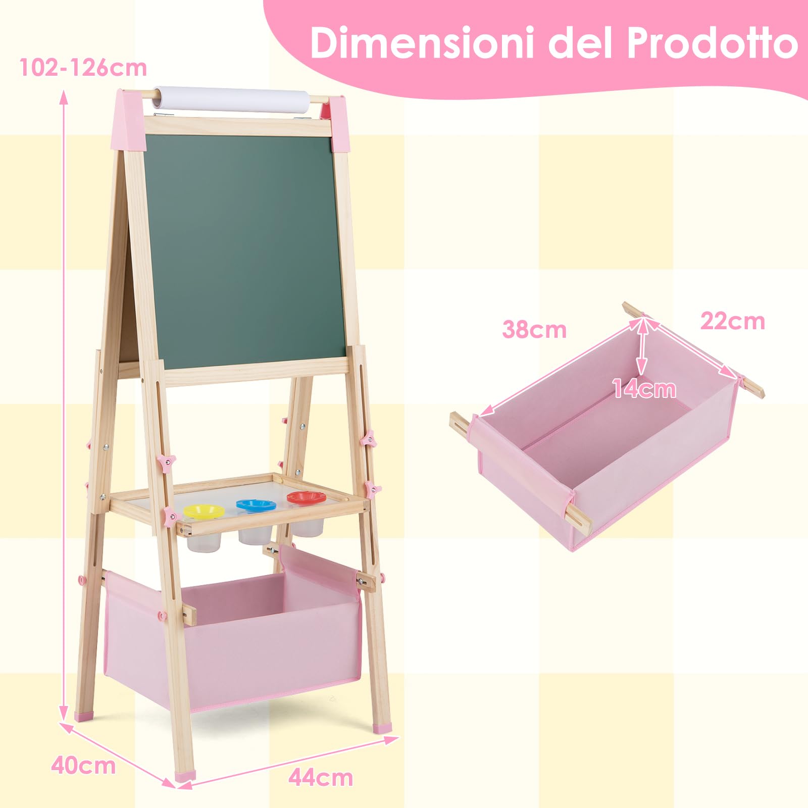 COSTWAY Cavalletto per Bambini Regolabile in Altezza in Legno, Cavalletto a Doppio Lato con Lavagna Magnetica e Bianca, con Scatola, Magneti con Lettere e Numeri, per Bambini 3-8 Anni (Rosa)