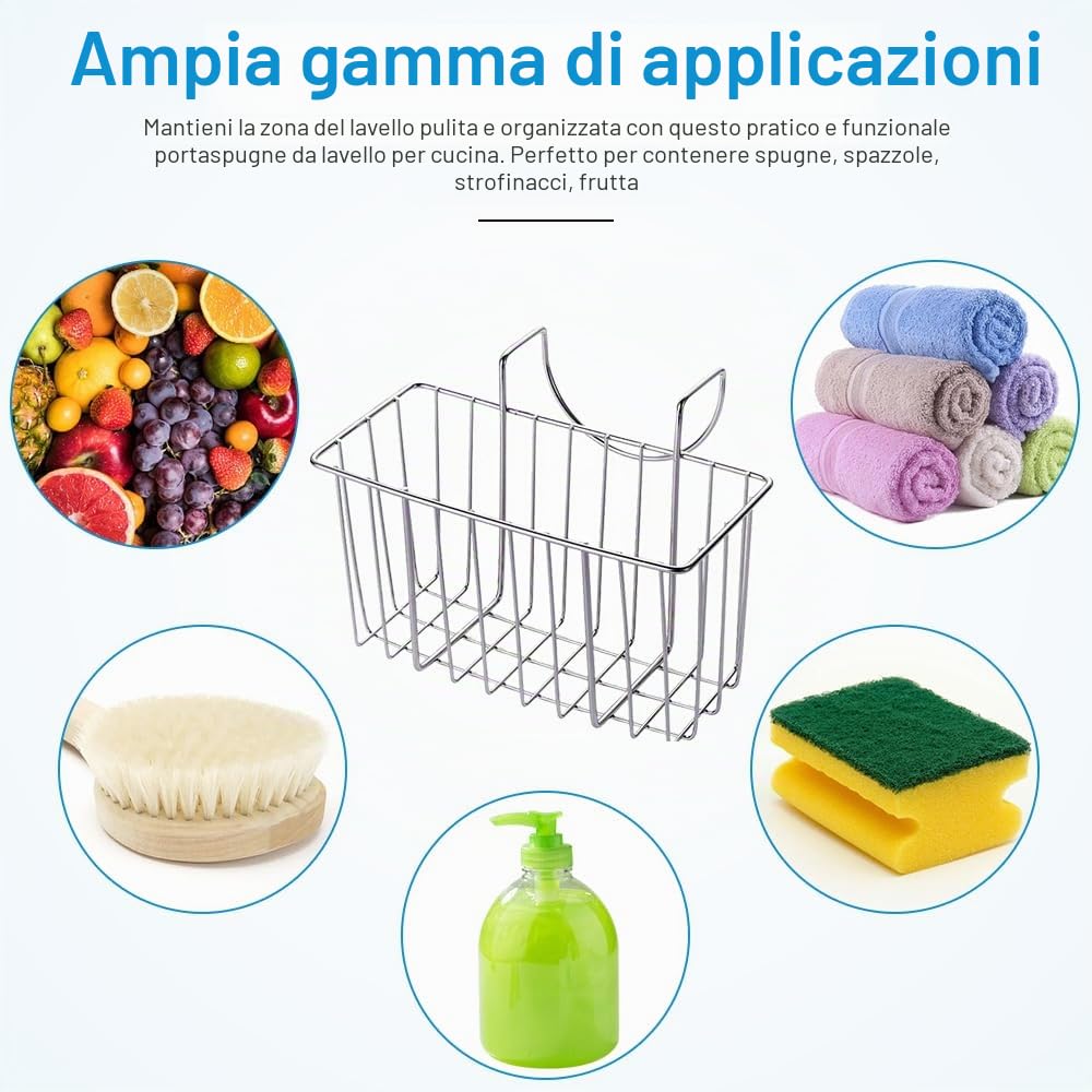 ADERTOS Porta Spugne da Cucina In Acciaio Inox 304, Portaspugne per Lavello Cucina da Appendere, Organizer per Lavello Cucina per Spugne, Spazzole, 7,67 * 3,54 * 4,53 Pollici