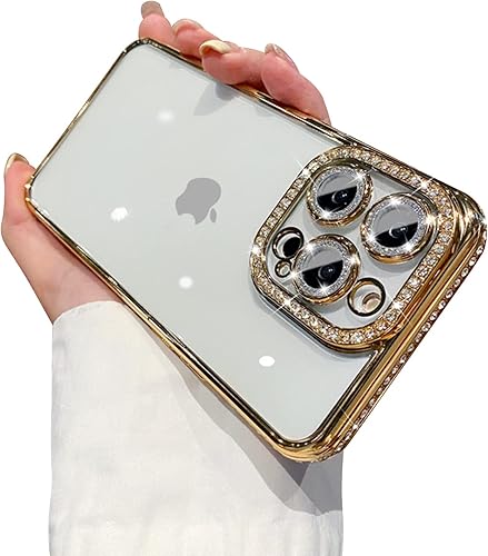 Fycyko Funda compatible con iPhone 15 Pro con protector de lente de cámara con diamantes de imitación y purpurina, bonita funda de cristal