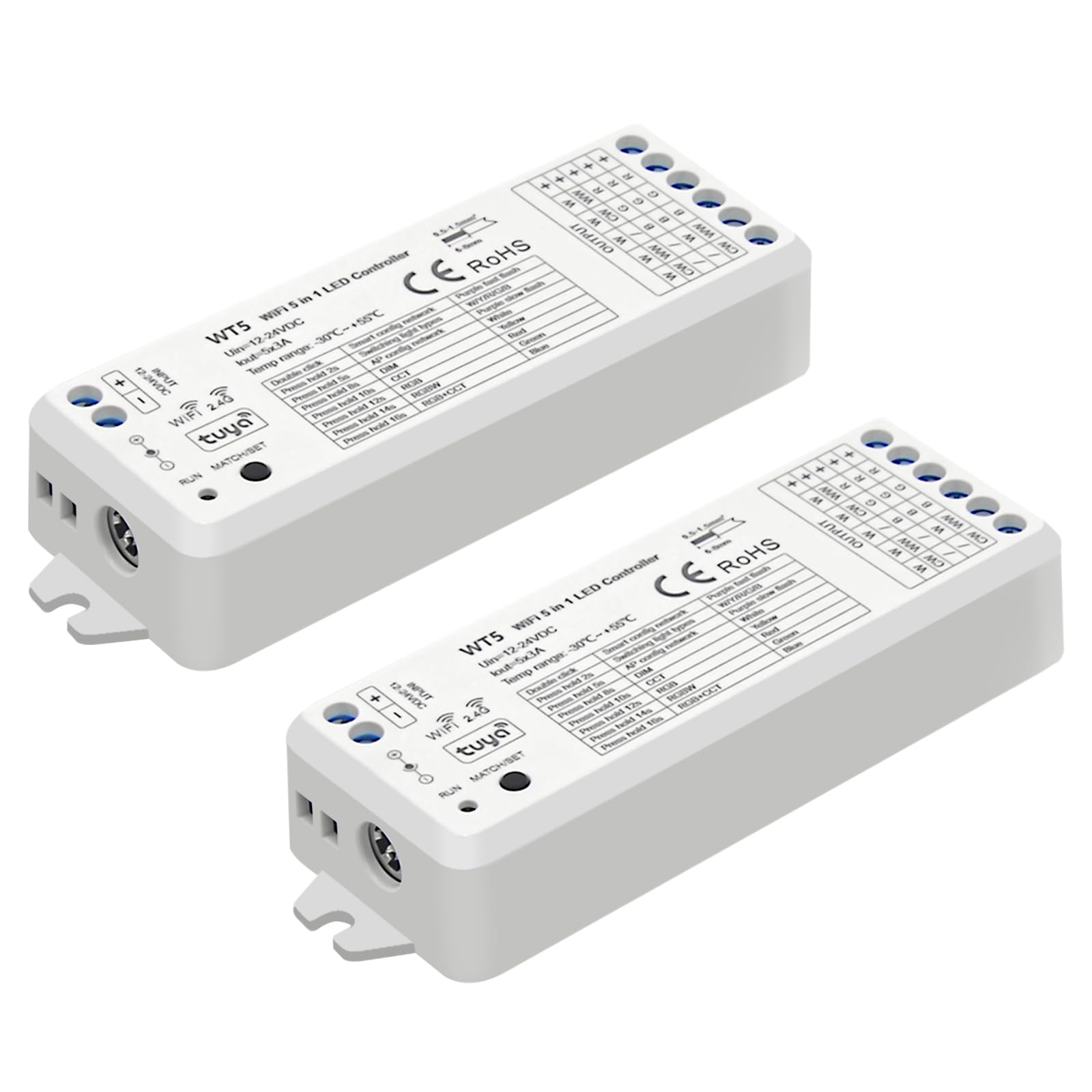 WT5 Zestaw 2 bezprzewodowych kontrolerów WiFi LED - RGBW, 2,4 GHz, kompatybilny z Tuya, Echo, Smart Life, pilot RF do oświetlenia wewnętrznego premium (bez zasilania