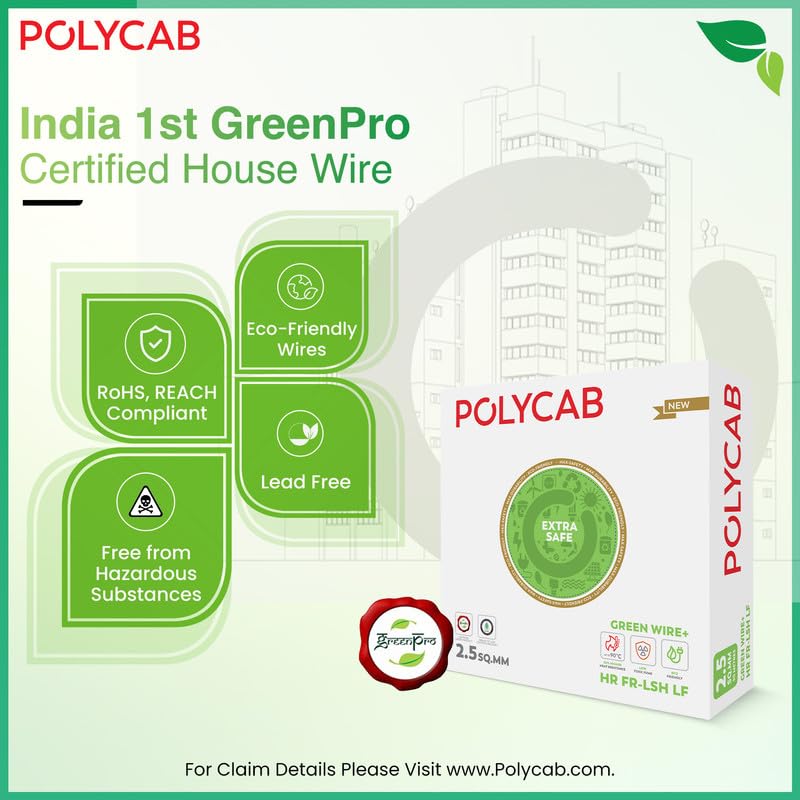 Image of Polycab Green Wire+ 90M coil |2.5 SQ MM|Heat resistant upto 900 C | Low smoke | Low toxic fumes | GreenPro certified | 99.97% high purity copper | Rodent protection | Eco friendly (Blue),Pack of 12
