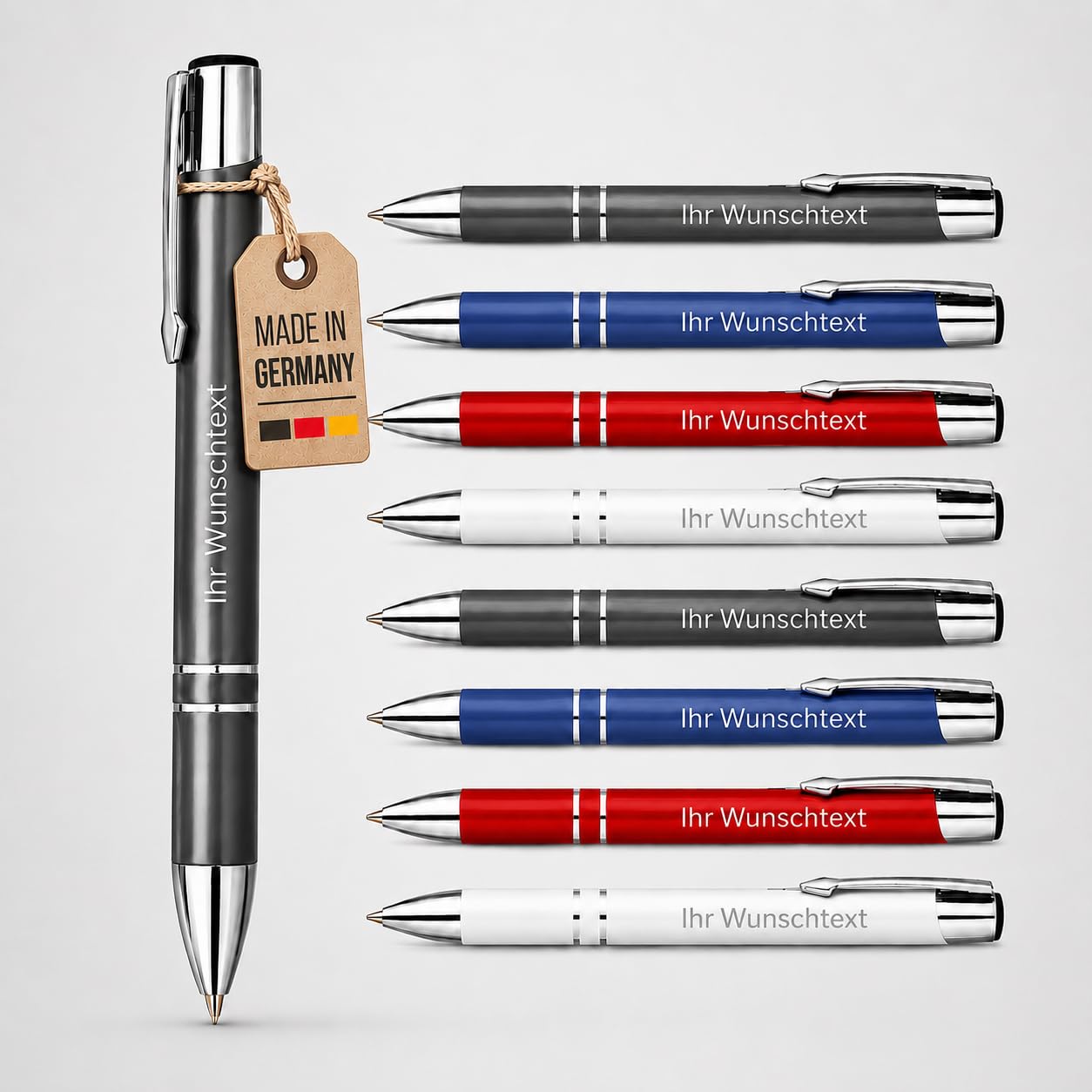 Kugelschreiber personalisiert mit Gravur – hochwertiger Metall Kuli mit Namen – blaue Tinte – eleganter personalisierter Kugelschreiber als Werbegeschenk, Set oder Einzelstück (100, Grau)