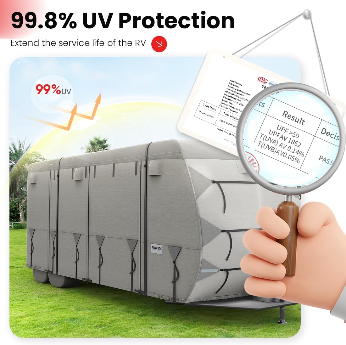 KING BIRD Rip-Resistant 600D Top Heavy Duty Travel Trailer Camper RV Cover, Fits 27-30FT Motorhome for Winter Snow, Anti-UV, Breathable, Waterproof with 6 Gutter Covers