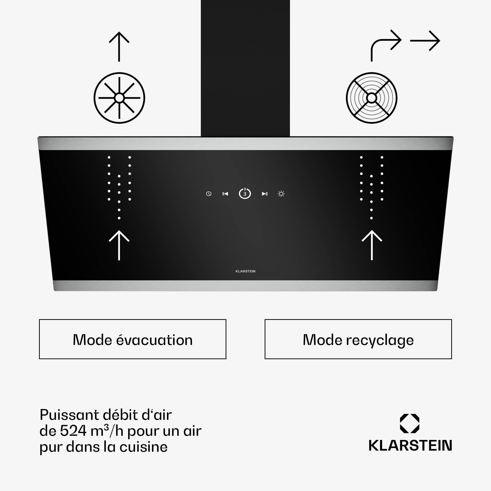Klarstein FlashLine hotte aspirante 90 cm, 524 m³/h, CEE A++, écran tactile, LED, 34,5 dB, noire