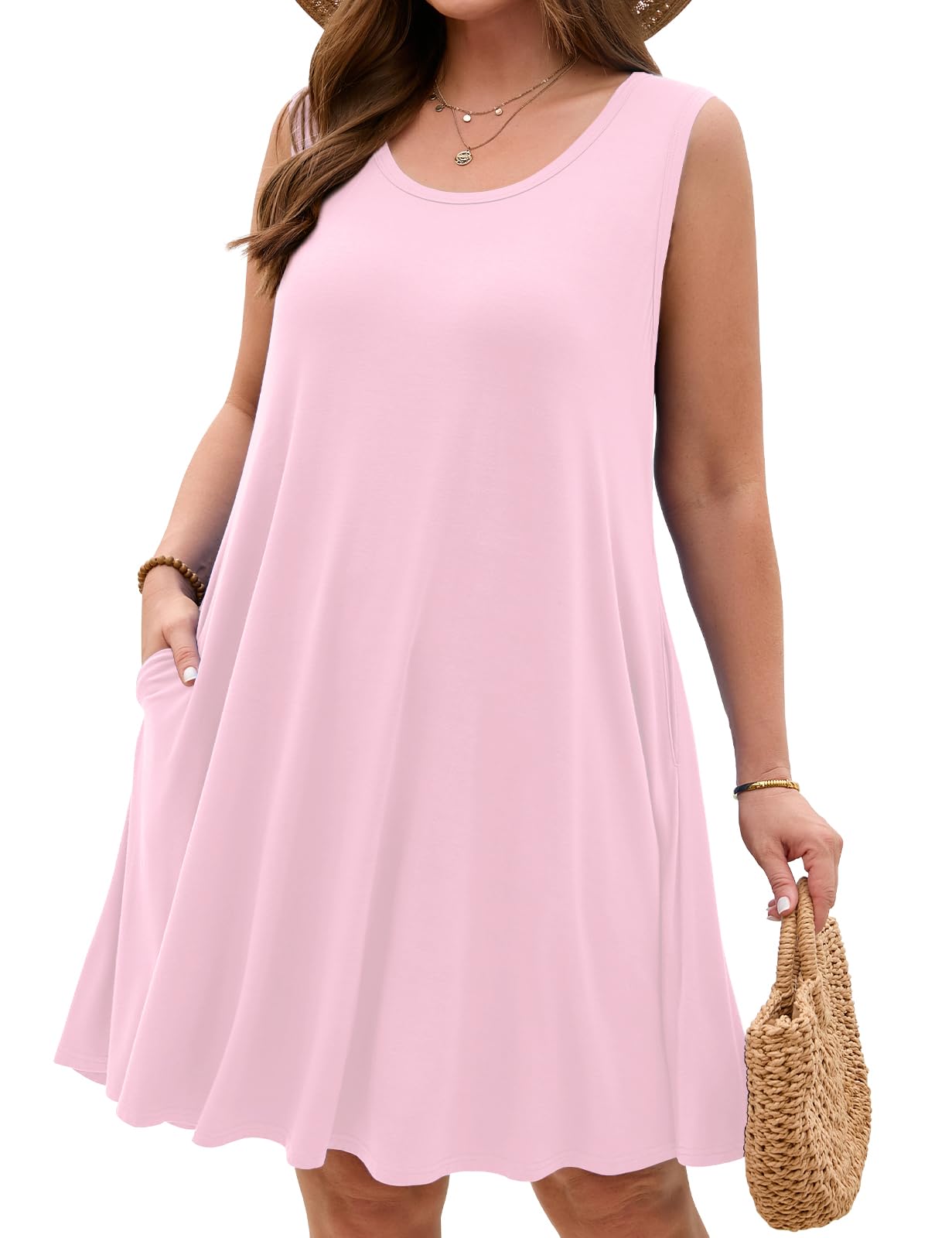 JollieLovin Women Plus Size Curvy Summer Tank Sun Dresses Sleeveless Causal T-Shirt Dress Beach Swing Cover up(L-5X)