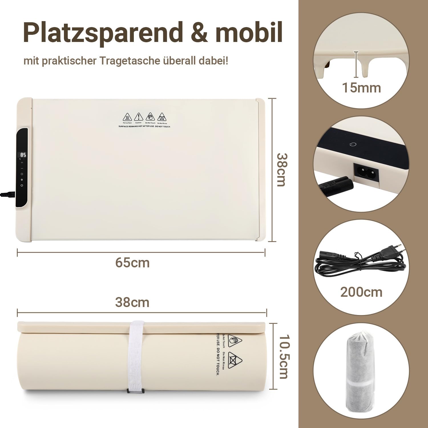 Warmhalteplatte Elektrisch, 240W Faltbare Speisenwärmer mit einstellbare Temperaturkontrolle,Timer, Nano-Silikon & Kindersicherung, für Warm Halten oder Auftauen,Beige