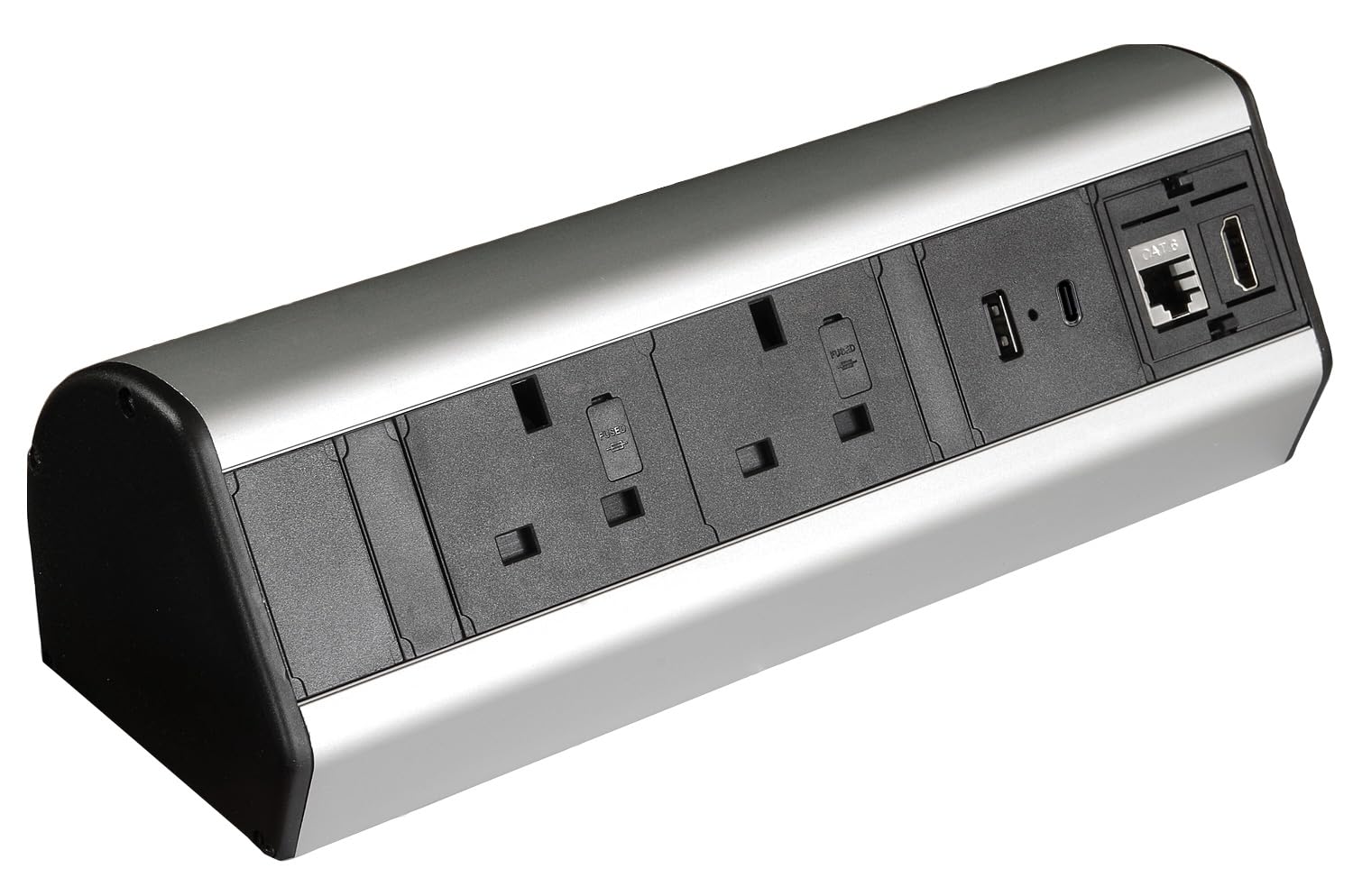 Allcam DP14-series Commercial Desktop Power Extension w/Desk Clamp, 2x Individually Fused Sockets 2x USB (USB-A & USB-C) 1x Ethernet 1x High Definition AV and 2m Starter Lead Black