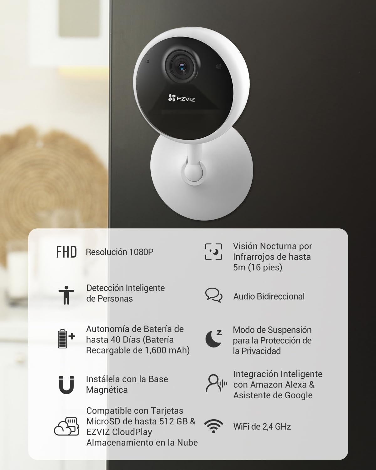 EZVIZ Camara Vigilancia WiFi Interior con Bateria de 40 Dias 1080P Camara IP de Seguridad, Deteccion de Persona Humana, Audio Bidireccional, Soporta Tarjeta hasta 512GB,Compatible con Alexa,CB1