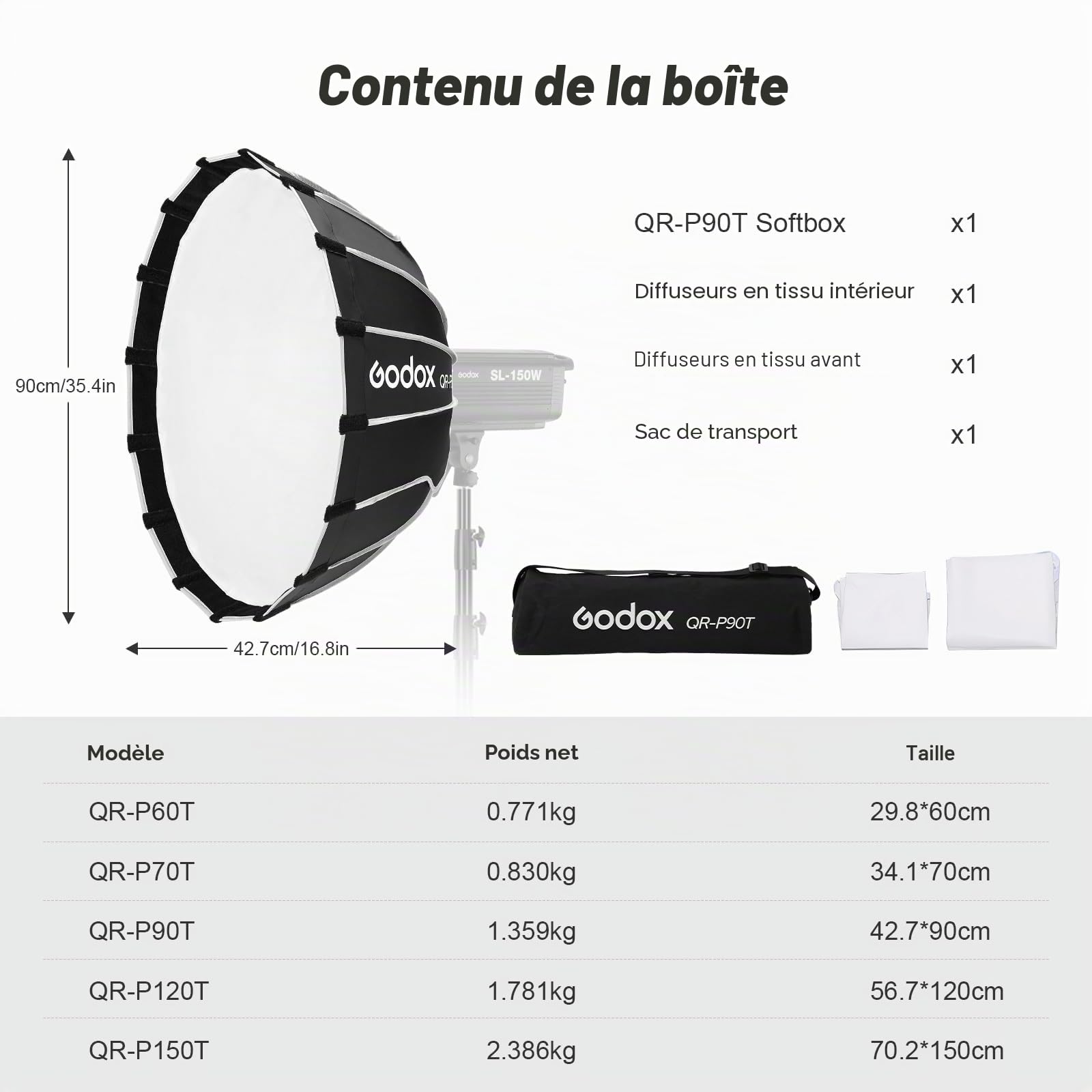 Godox QR-P90T 90cm/35.4inch Grand Angle Softbox Parabolique Quick Release Softbox Photography Studio Silver Wide Angle Soft Box pour Bowens Mount MonoLight et Flash pour GODOX SK400 pour Neewer