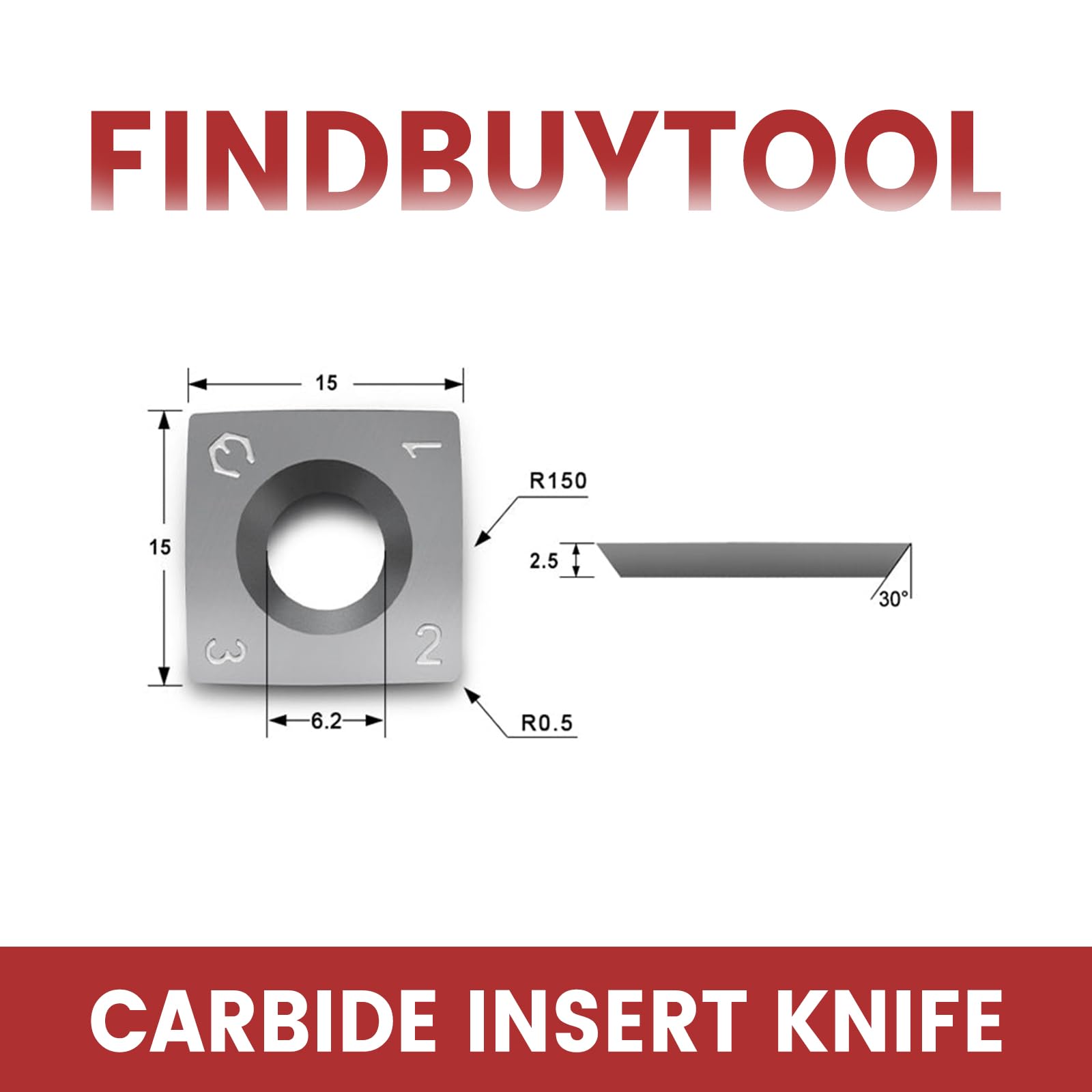 Findbuytool Carbide Inserts cutters (15x15x2.5mm-30°-R150-4R0.5) Insert for Woodworking Helical Cutter Head Tools, 10 Pcs (10)