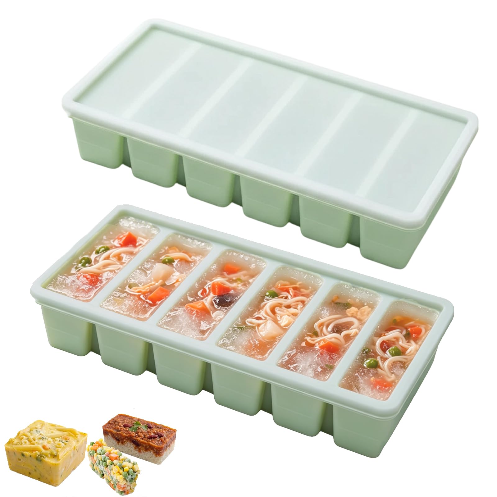 2 Pcs Souper Cubes Silicone Freezer Tray with Lids, Freezer Moulds for Food, Six Compartment Food Storage Trays, Ice Cube Tray for Storing and Freezing Soup Broth Sauces Butter (Green)