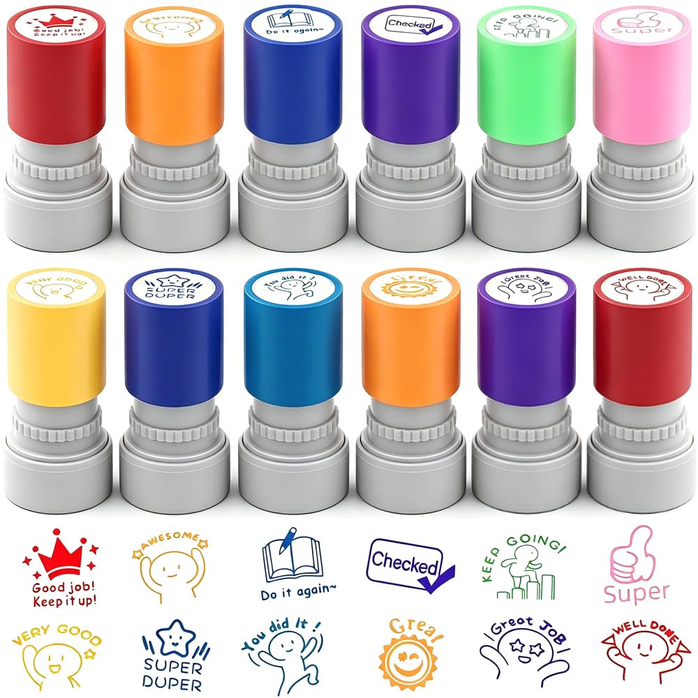 12 PCS Teacher Stamps Set, Teachers Self-Inking Rubber Stamps Colourful Review Stamp for Grading Encouraging Stamps for Kids Educational Tools, Classroom