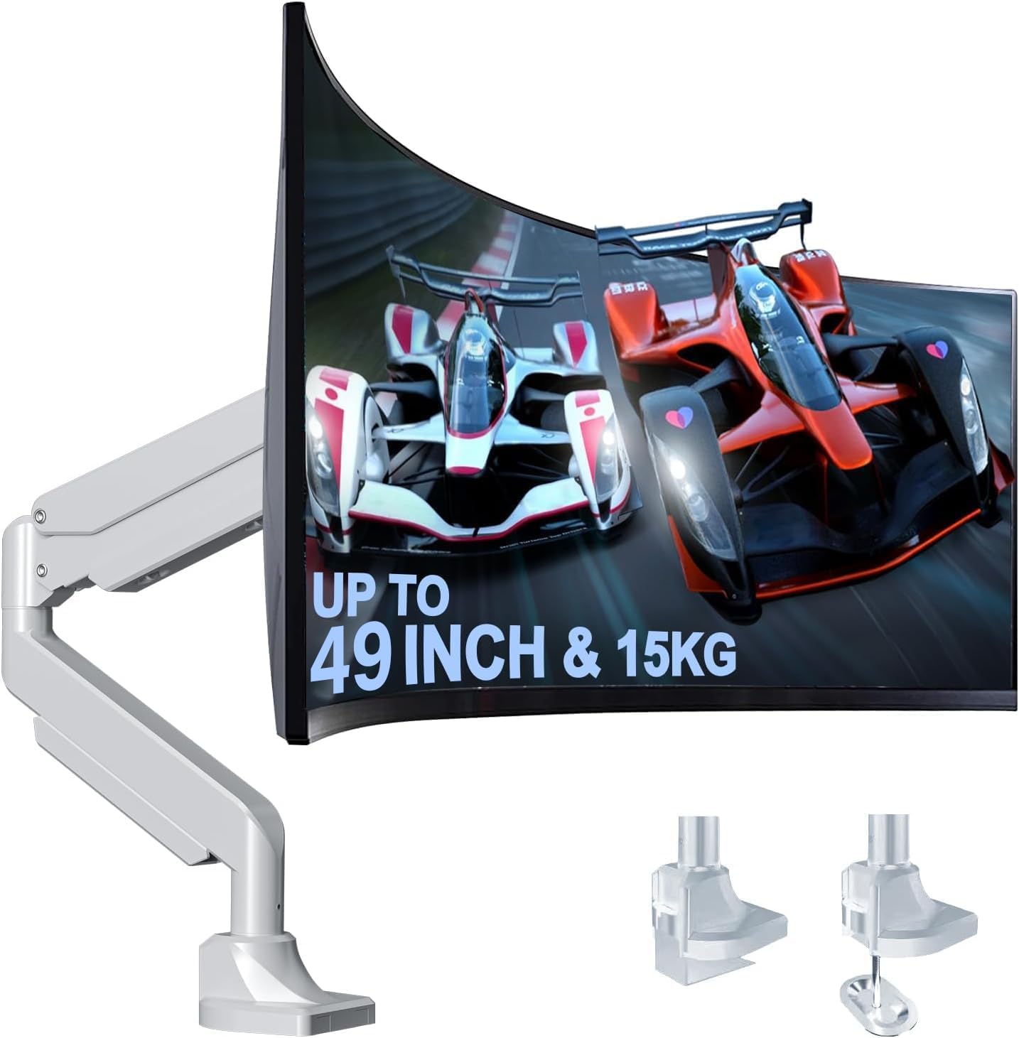 HEYMIX LIFE Heavy Duty Monitor Arm - 15KGs Monitor Stand for Ultrawide Screens Up to 49 Inch, Single Monitor Arm White Gas Spring, Curved Computer Single Monitor Arm for Gaming 34”/49”Screen