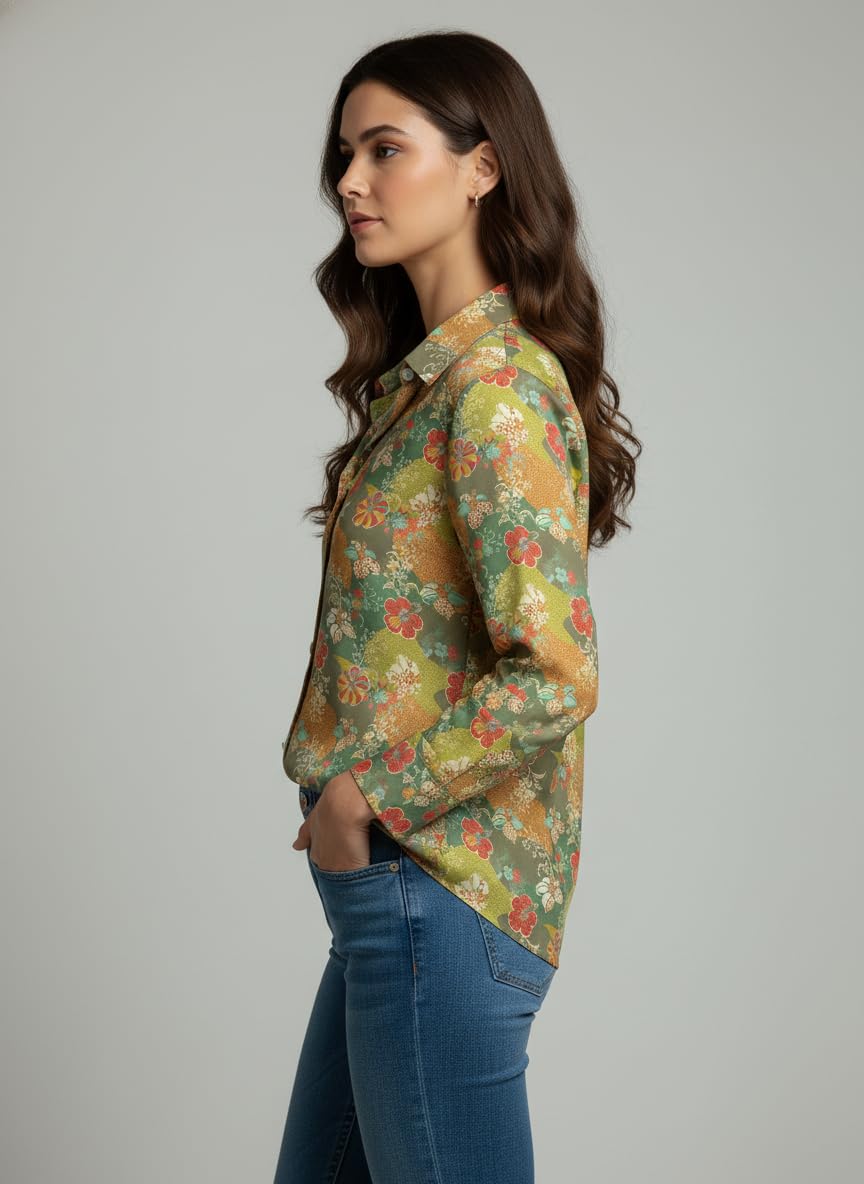 ANNI Designer Bedrucktes Damenhemd aus Baumwollmischgewebe, langärmelig, normale Passform, Kragen, legere Bürokleidung, elegante Western-Kleidung für den Alltag, Hochzeit, Party