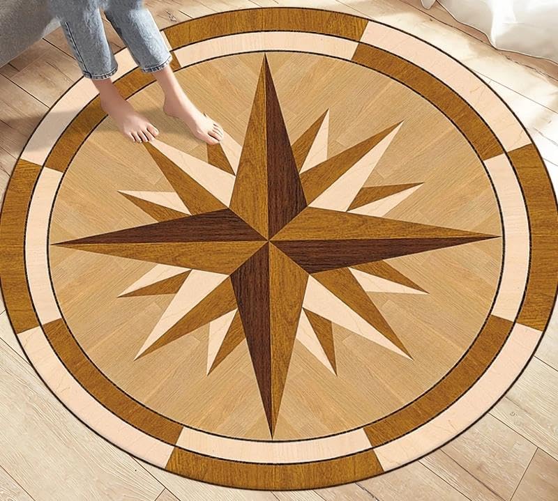 YOUOUSI Nautical wood grain compass round rug suitable for living room bedroom decoration, children's area rug non-slip mat