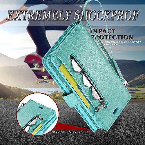 Auker Galaxy S7 Edge Wallet Case For Women/Men, Premium Folio Flip Leather Trifold 9 Card Holder Kickstand Magnet Zipper Pocket Wallet Purse Case With Wrist Strap For Samsung Galaxy S7 Edge Mint #TOP5