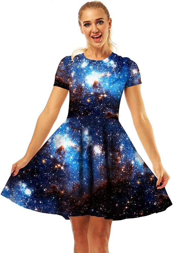 Women's 3D Print Short Sleeve Casual Flared A-line Swing Midi Dress