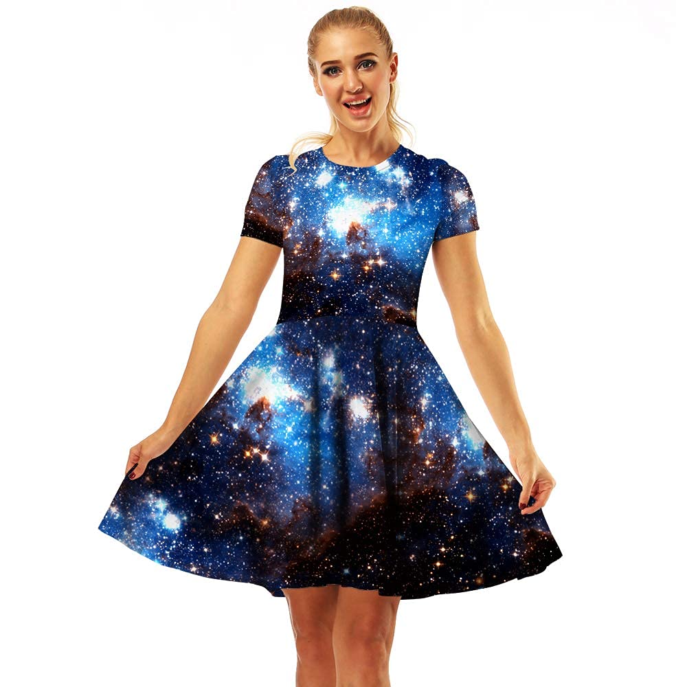 Women's 3D Print Short Sleeve Casual Flared A-line Swing Midi Dress