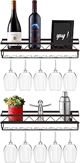 Wine Rack Wall Mounted, Bextcok 2-Pack Wine Glass Rack Wall Mounted Floating Wine Shelf with Glass Holder Champagne Display Storage Rack Wood Rustic for Kitchen Dining Room Bar Decoration, Bronze