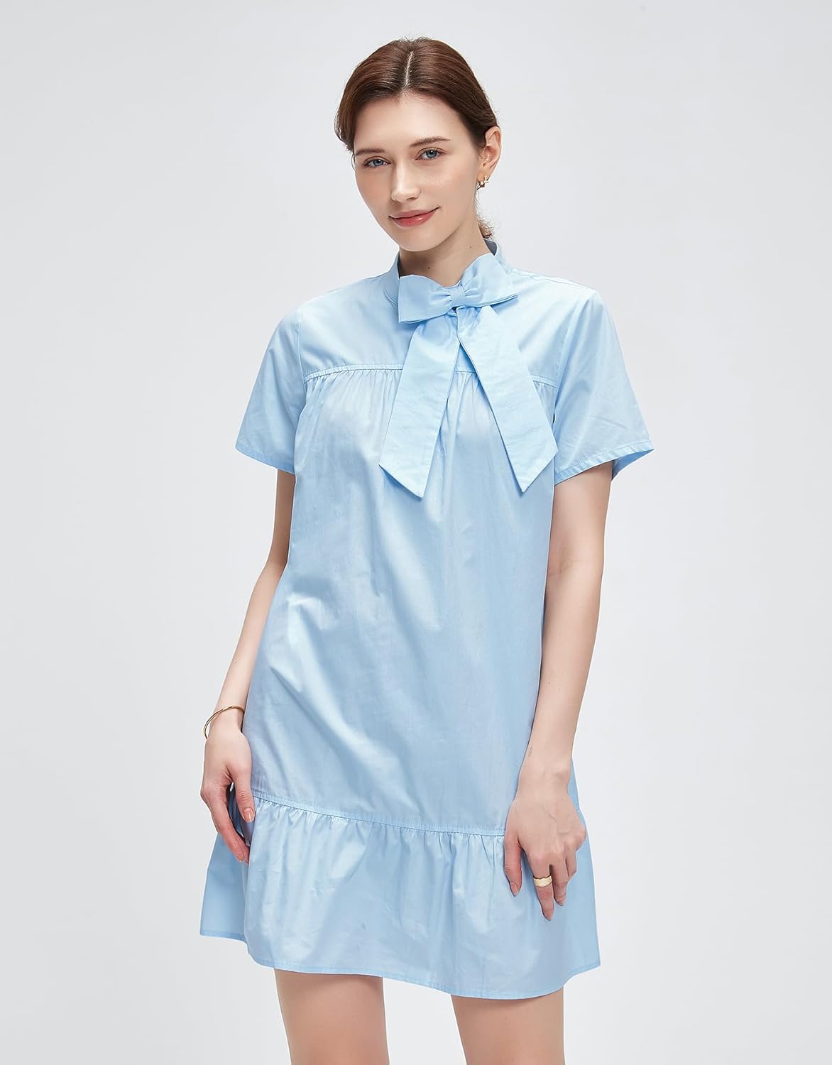 Kedera 2025 Trendy Mini Shirt Dress Bow Neck Short Sleeve Shift Dress Ruffled Hem with Side Pockets - Image 6