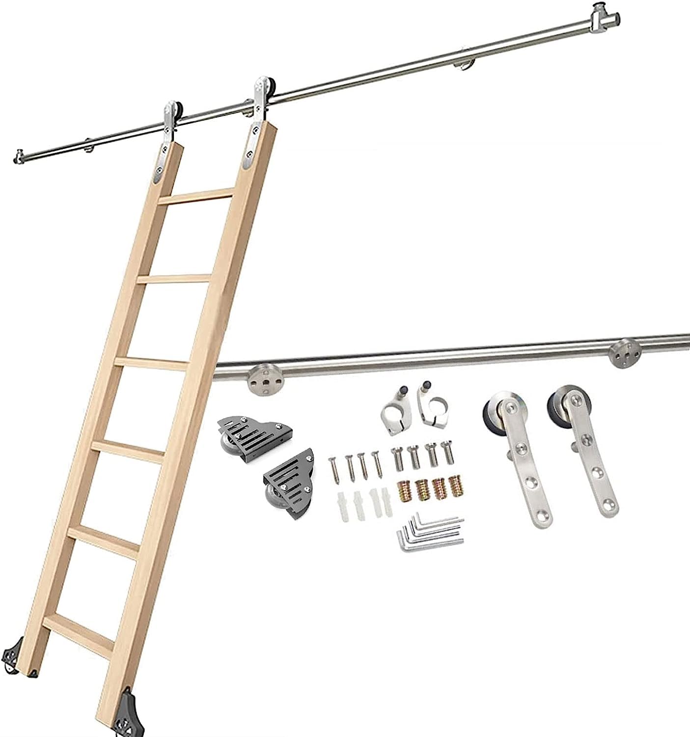 Kit de rail d'échelle mobile en tube rond acier inoxydable 2m à 4m pour quincaillerie de bibliothèque