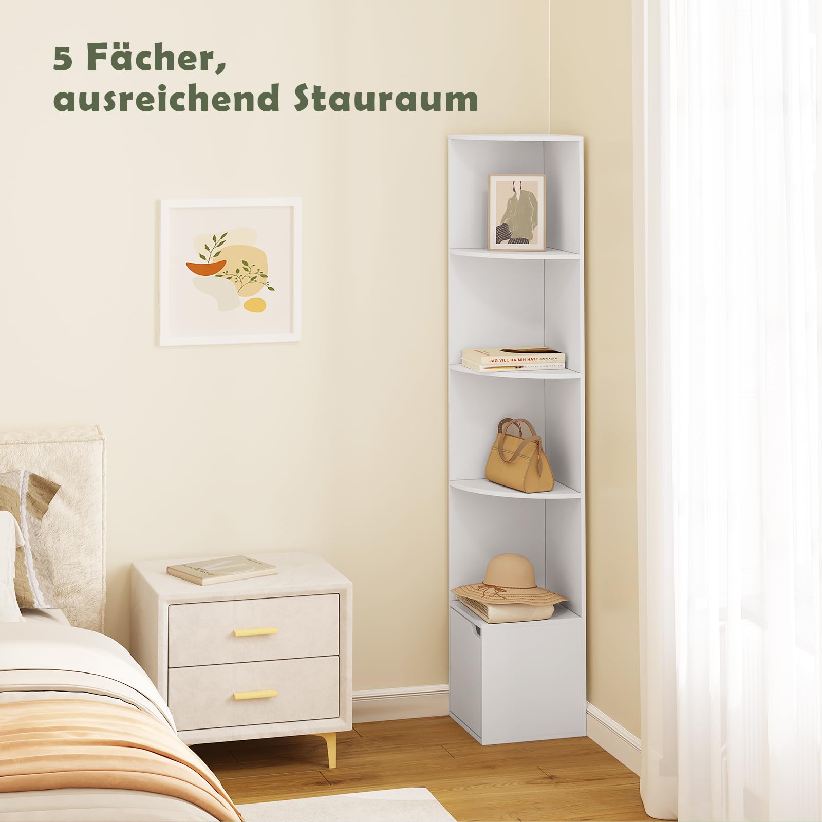 WOLTU Étagère d'angle à 5 Niveaux, Meuble d'angle, Blanc, 1 Placard avec Porte, en Bois d'Ingénierie, SK038ws