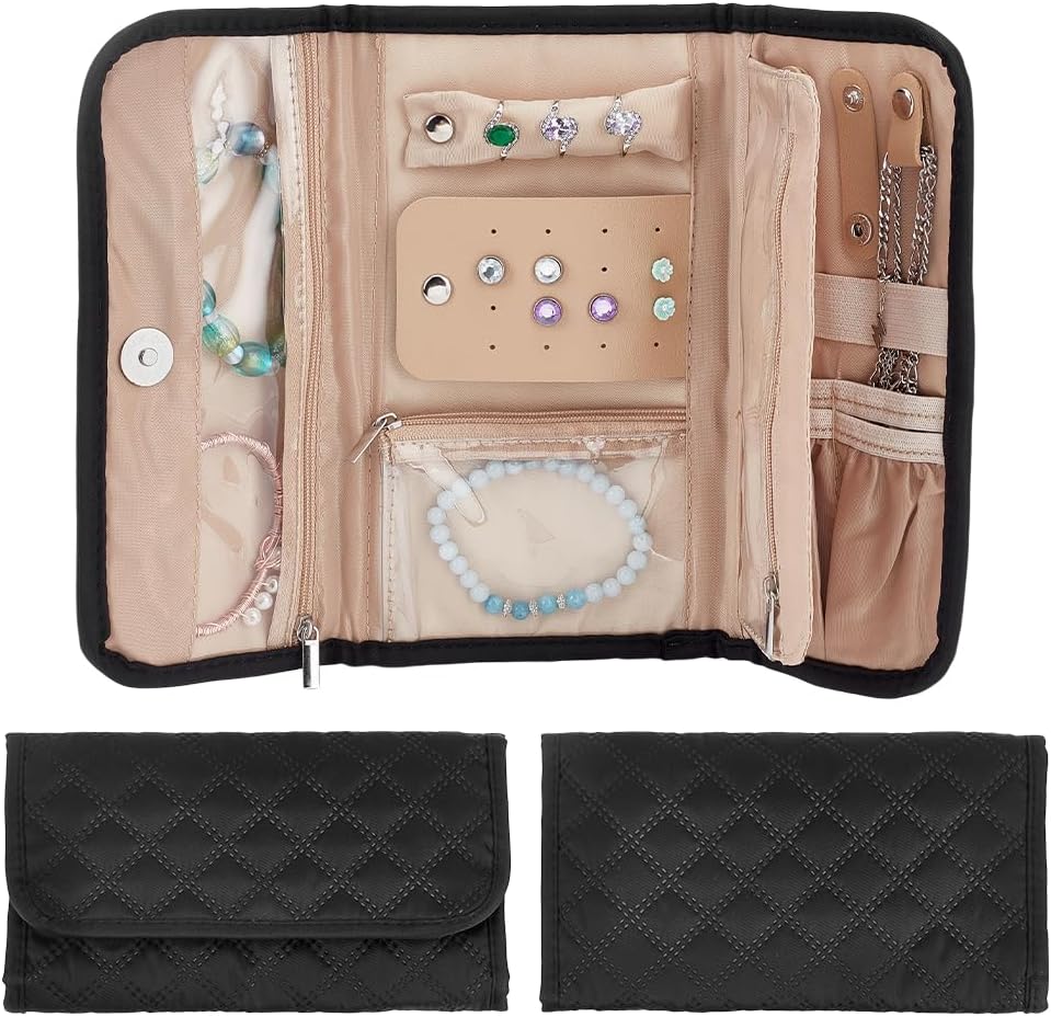 PH PandaHall Travel Jewelry Organizer Case Foldable Jewelry Roll Bags Black Earrings Organizer Case Portable Rings Holder Bracelets Storage Bags for Women Travel Necklace Watches Storage Accessory