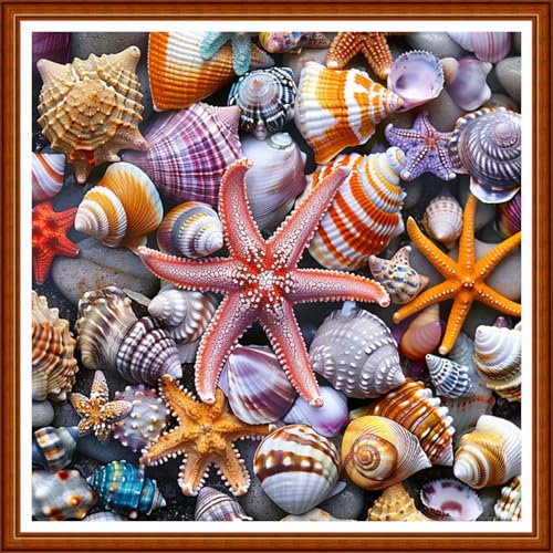 Image of Joyhoor Stamped Cross Stitch Kits for Beginners Needlepoint Kits for Adults Embroidery Kits 11CT Counted Cross Stitch Kits Printed Embroidery Pattern-Beach Starfish Conch 18x18 inchs