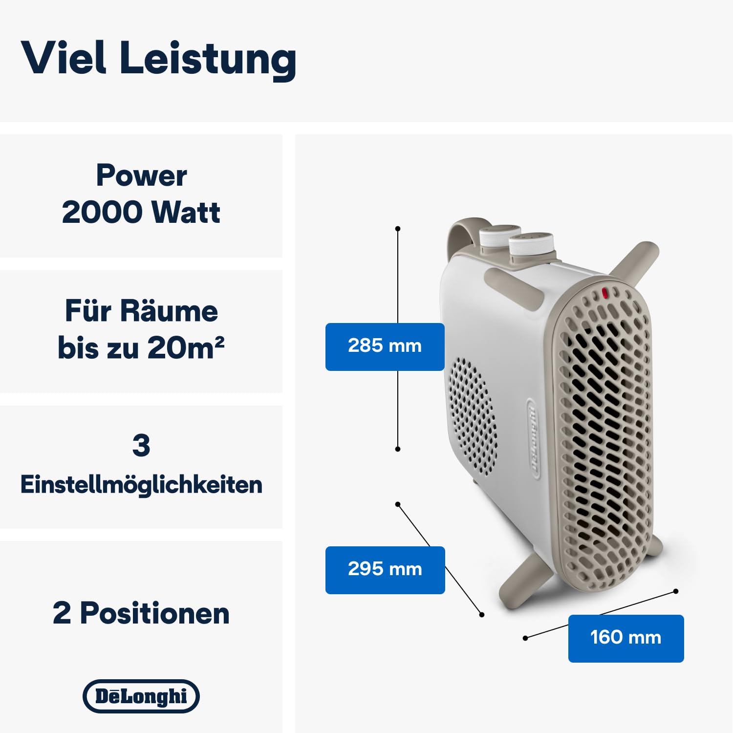 Heizlüfter - Delonghi - Metall - 2000 W max - Vertikale und horizontale Position - Leise (43 dB)
