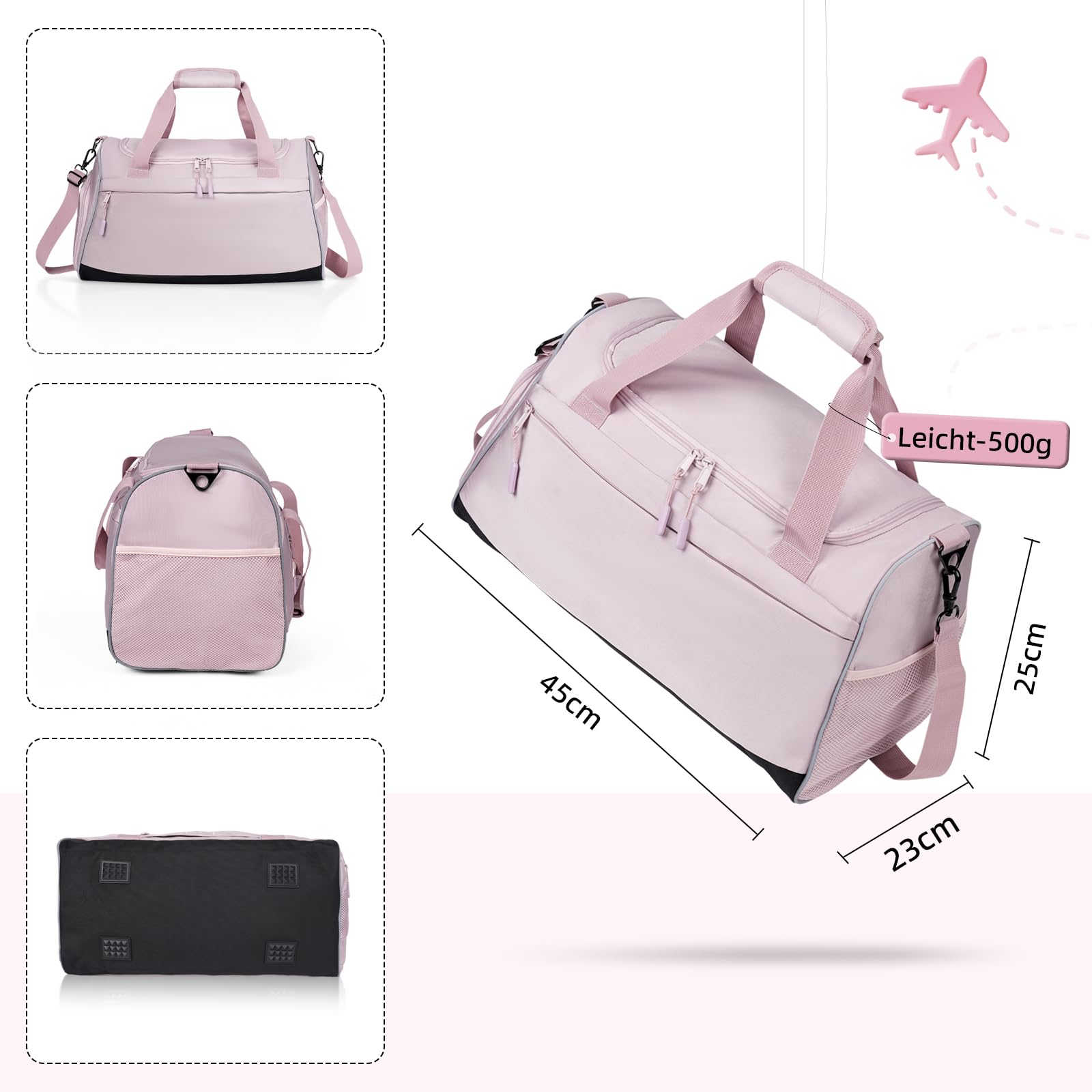 Zedelmaier Sporttasche Kinder Mädchen Leichte Reisetasche Wasserabweisende Schwimmtasche Kinder 30L Sporttasche Mädchen Tragbare Kindersporttasche für Sportstunden, Sportverein, Urlaub (Rosa)