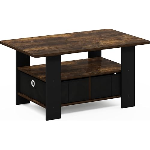 Furinno Andrey Coffee Table with Bin Drawer, Amber Pine/Black