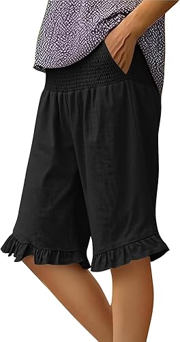lopmou Women Shorts Linen for Yoga Linen Bermuda Shorts for Women Knee Length Su