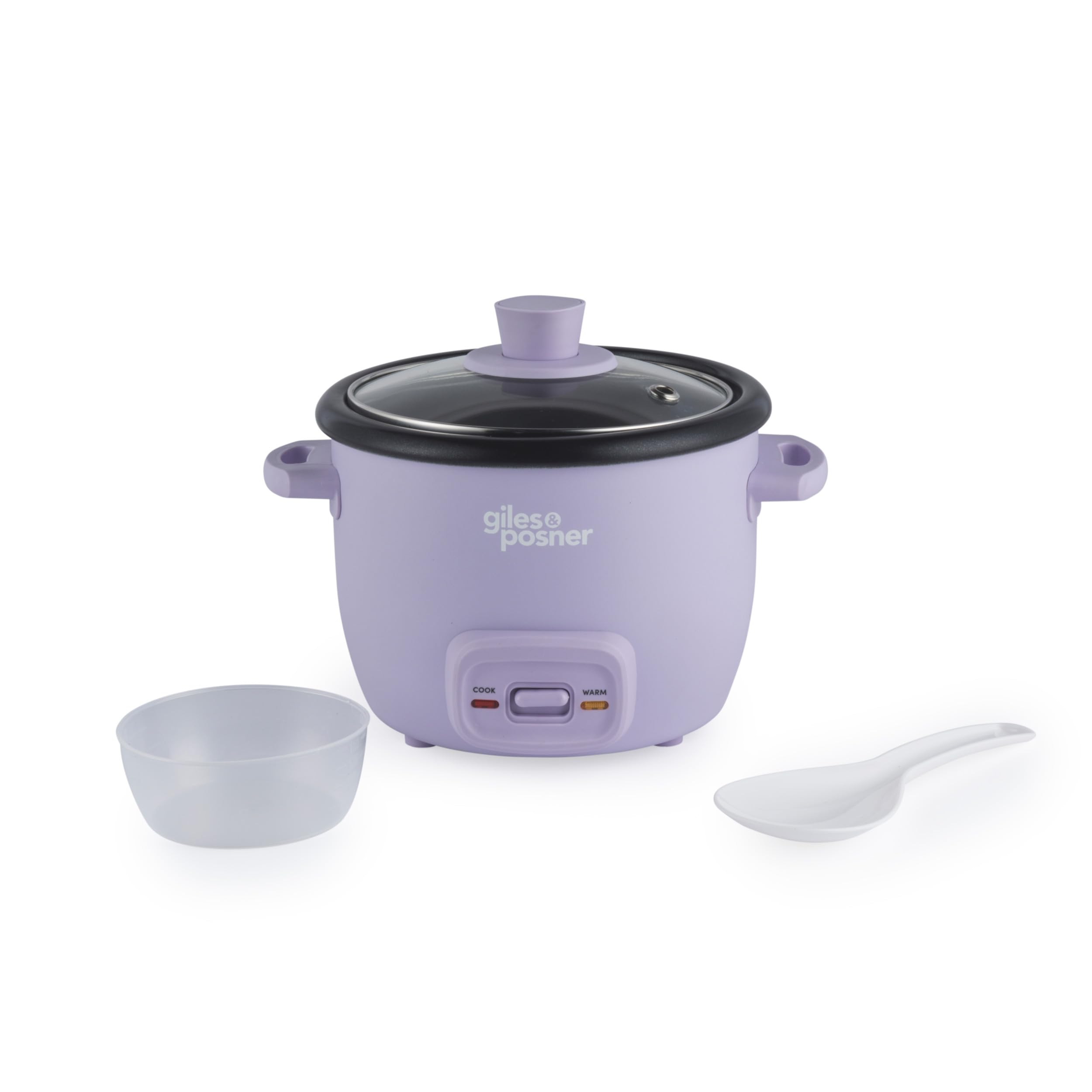 Giles & Posner Sorbet Cuiseur à riz 0,4L – Bol intérieur sans PFAS, couvercle en verre, fonctions cuisson et maintien au chaud, gobelet doseur et cuillère à riz inclus, 250W, violet