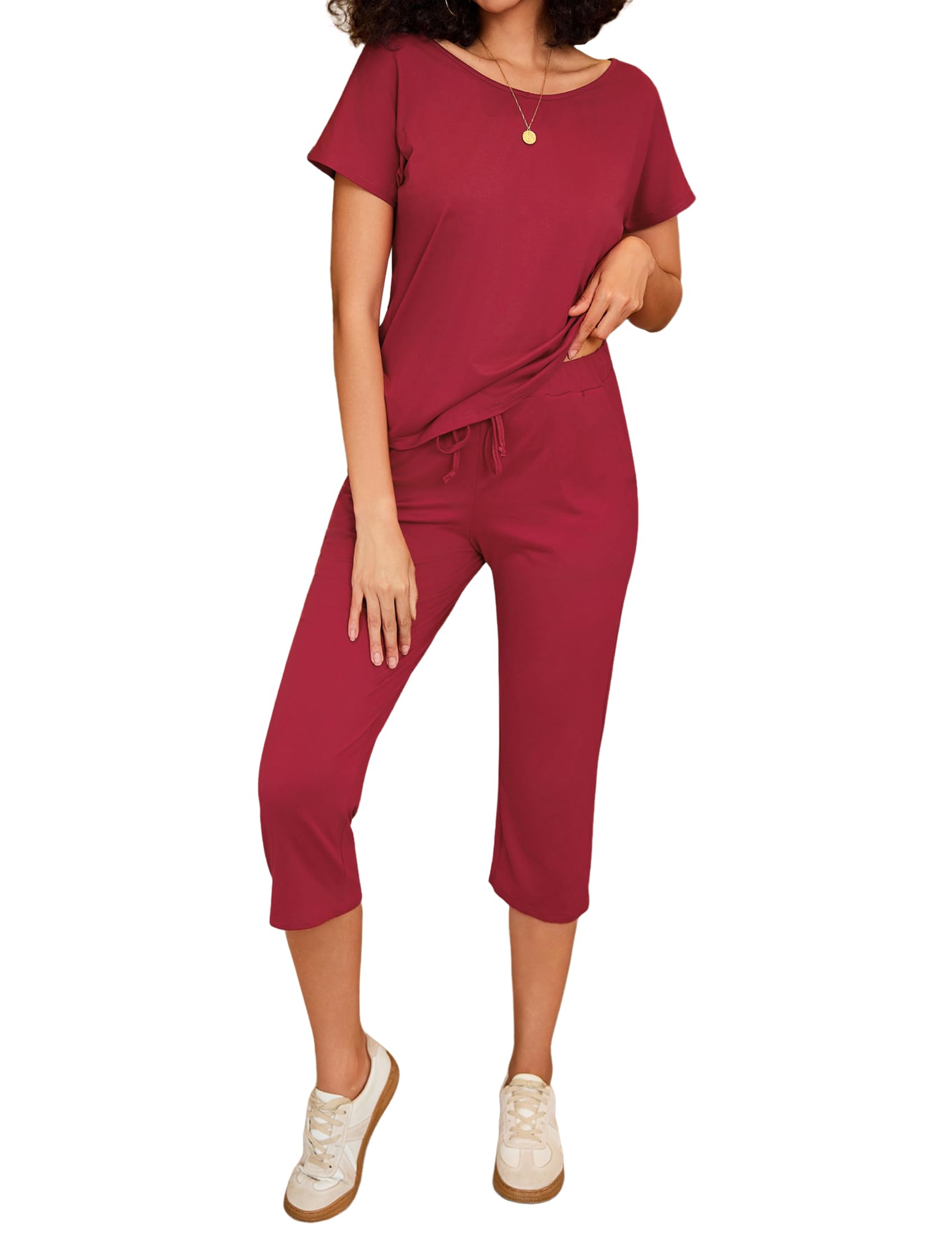 Totatuit Trainingsanzug Damen Sommer Tracksuit Kurzarm ärmel Tops und 3/4 Hose Elastischer Bund Dehnbarer Jogginganzug Elegant Hausanzug Loungewear Zweiteiler Outfit Set