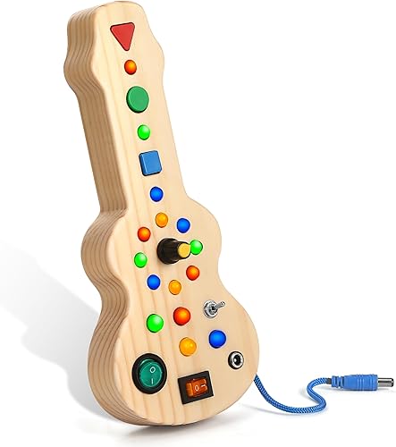 Montessori - Tablero de juguete para niños pequeños con 15 luces LED, tablero de madera para guitarra, juguete sensorial, interruptor de luz,