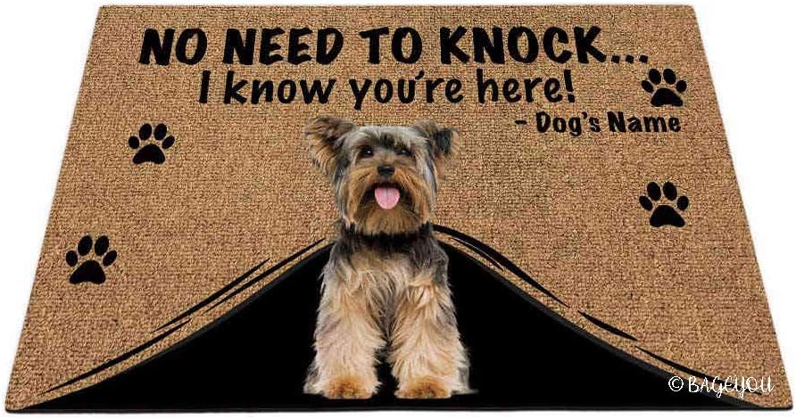 BAGEYOU Personalized Dog's Name Doormat with My Love Dog Lovely Yorkshire Terrier Yorkie Welcome Floor Mat No Need to Knock I Know You're Here 23.6 X 15.7