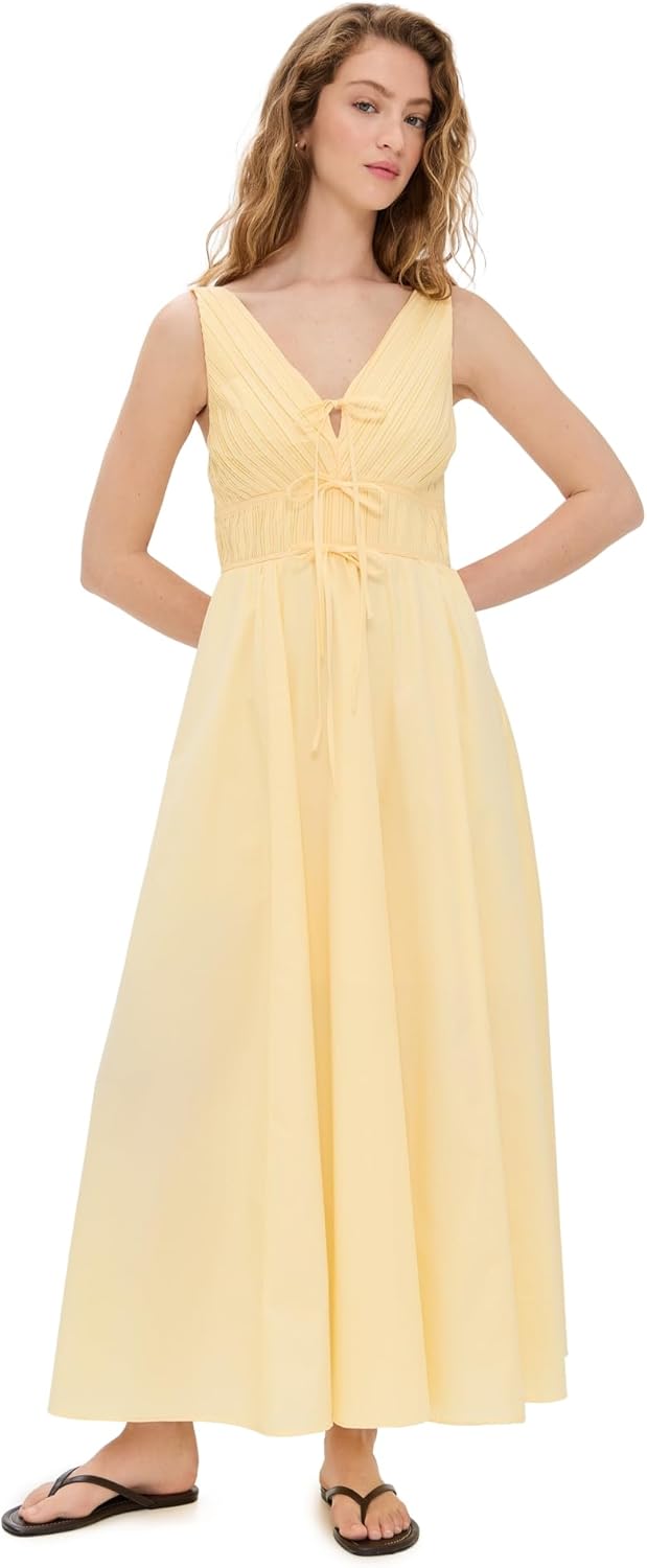 MOON RIVER Women's V Neck Pleated Midi Dress