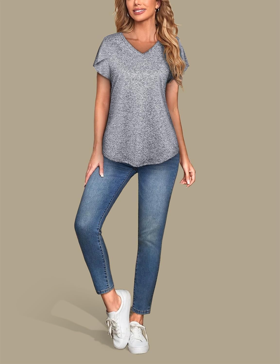 MISS FORTUNE Womens V-Neck Short Sleeve Activewear T-Shirt Petal Sleeve Casual Athletic Moisture Wicking Fitness Tops - Image 5