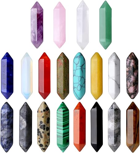 Juego de 20 piedras preciosas de cristal curativo, amatista natural, cuarzo rosa, ojo de tigre, piedras preciosas Reiki, puntos hexagonales,